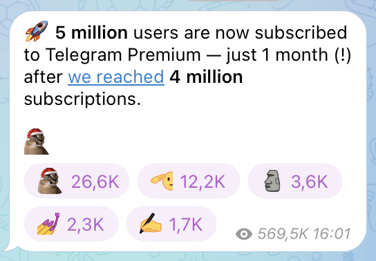 Количество подписчиков Telegram Premium достигло 5 млн
Количество подписчиков Telegram Premium достигло 5 млн